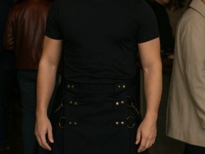 Black Gothic Utility Kilt with Detachable Apron and Metal Hardware