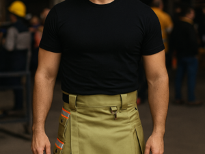 Bunker Gear Khaki Firefighter Kilt with Reflective Strips & Utility Pockets
