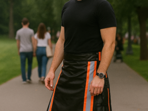 Black Leather Utility Kilt with Orange Reflective Trim