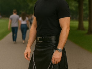 Black Leather Gothic Kilt with Chains | Punk Utility Style